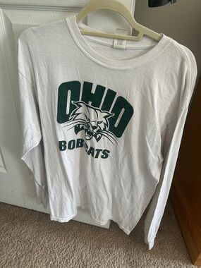 Gildan White Long-Sleeve Ohio Bobcats Tee with Green Graphic